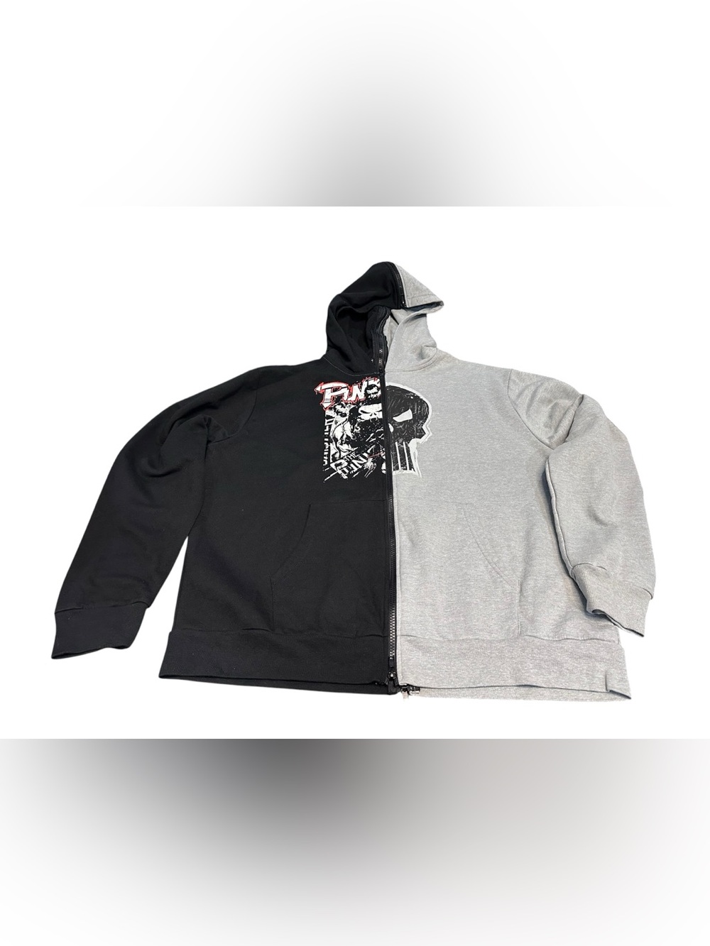 Marvel The Punisher Split Color Full Zip Hoodie Sweatshirt Gray Black Men’s XL